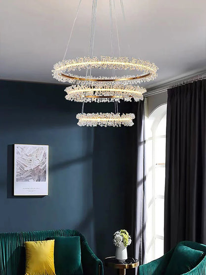DecorBites™ Crystal Gold/Black Ring LED Chandelier: Minimalist Luxury Hanging Ceiling Light Fixtures