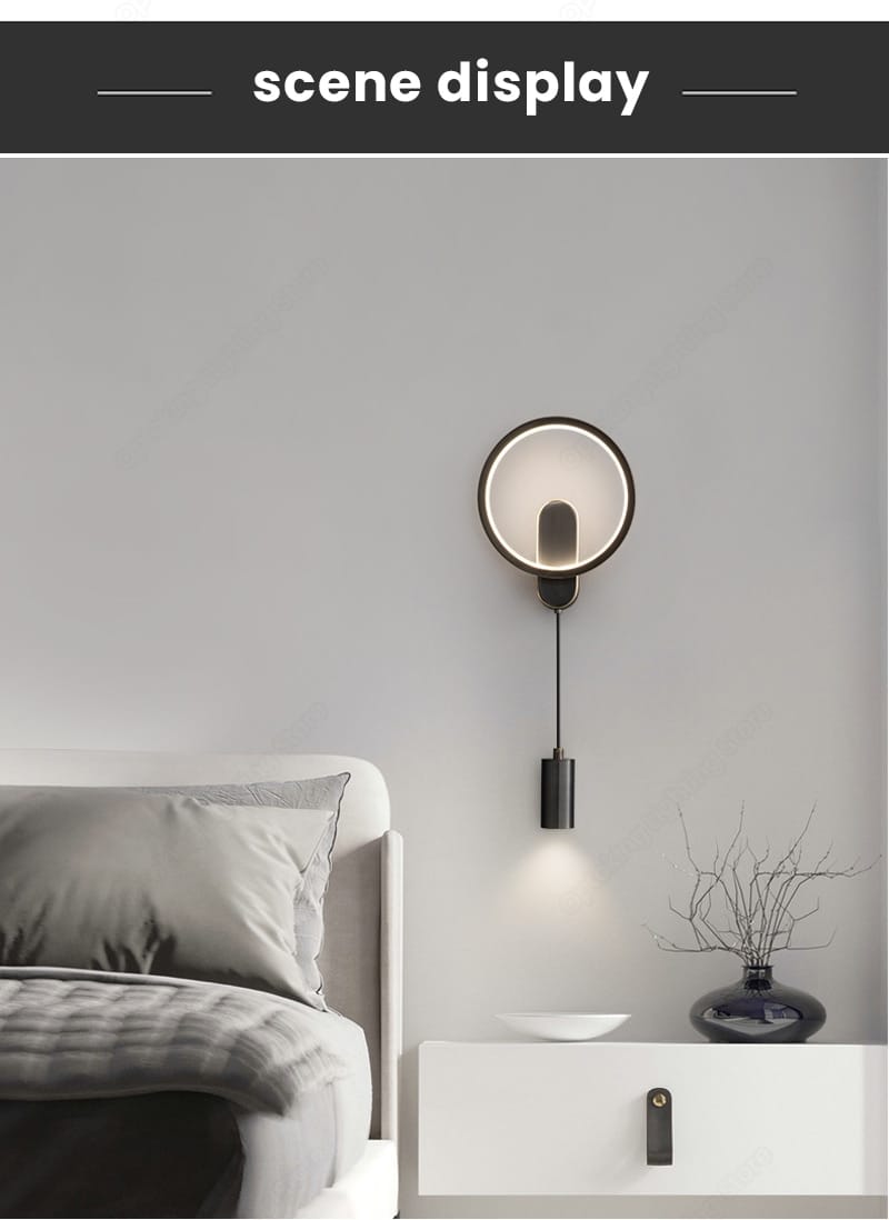 modern nordic led black gold wall lamp with a sleek circular black frame and matte finish featuring an integrated light source casting soft illumination downward.