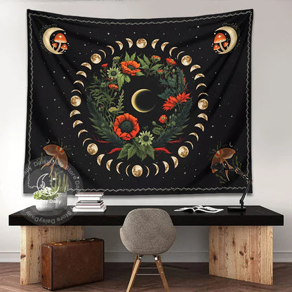 Decobites Moon Phase Flower Moth Tapestry: Psychedelic Floral Boho Wall Decor