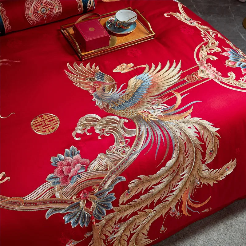 Decobites Red Chinese Wedding Luxury Bedding Set with Dragon Phoenix Embroidery