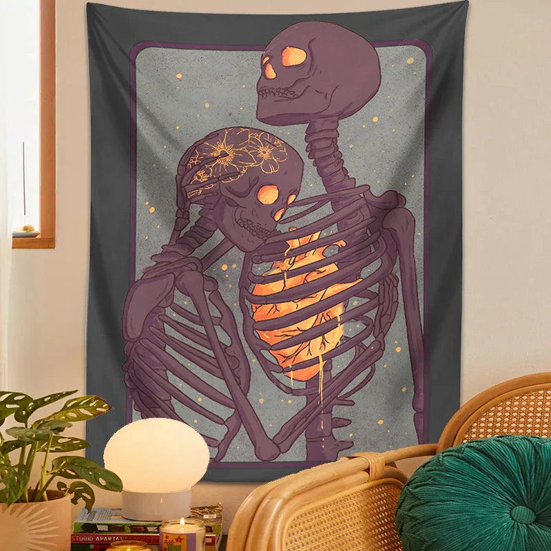 Decobites Skull Lover Heart Couple Psychedelic Tapestry Wall Hanging Bouquet Blanket