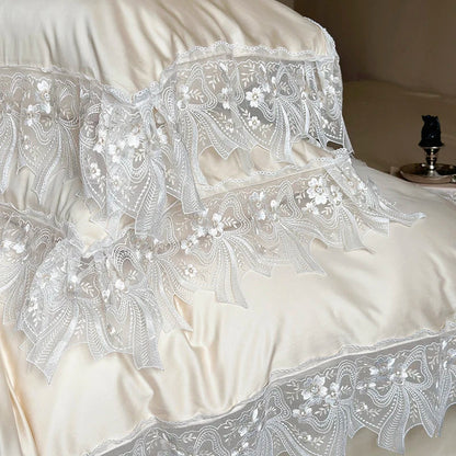 Decobites Romantic Lace Ruffles Bedding Set in Lyocell Cotton, Silky Duvet Cover, Bed Sheet, Pillowcases