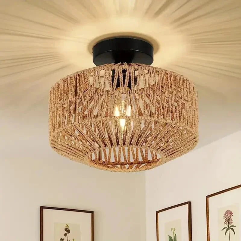 Natural Bamboo Ceiling Chandelier Hanging Lamp Handmade Rattan Fixture Weaving Home Living Room Decor Ceiling Pendant Light