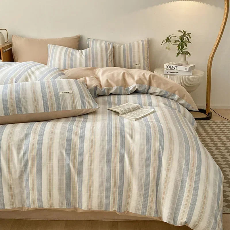 DecorBites™ Grid Printed Cotton Fitted Sheet Set - Double-Sided Mix Color Quilt Cover