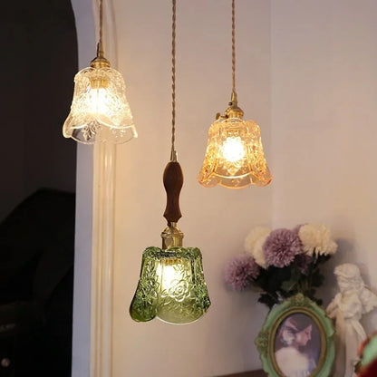 DecorBites™ Green Glass LED Pendant Lamp | Modern Nordic Wood Walnut | Brass Knob Switch | Hanging Light