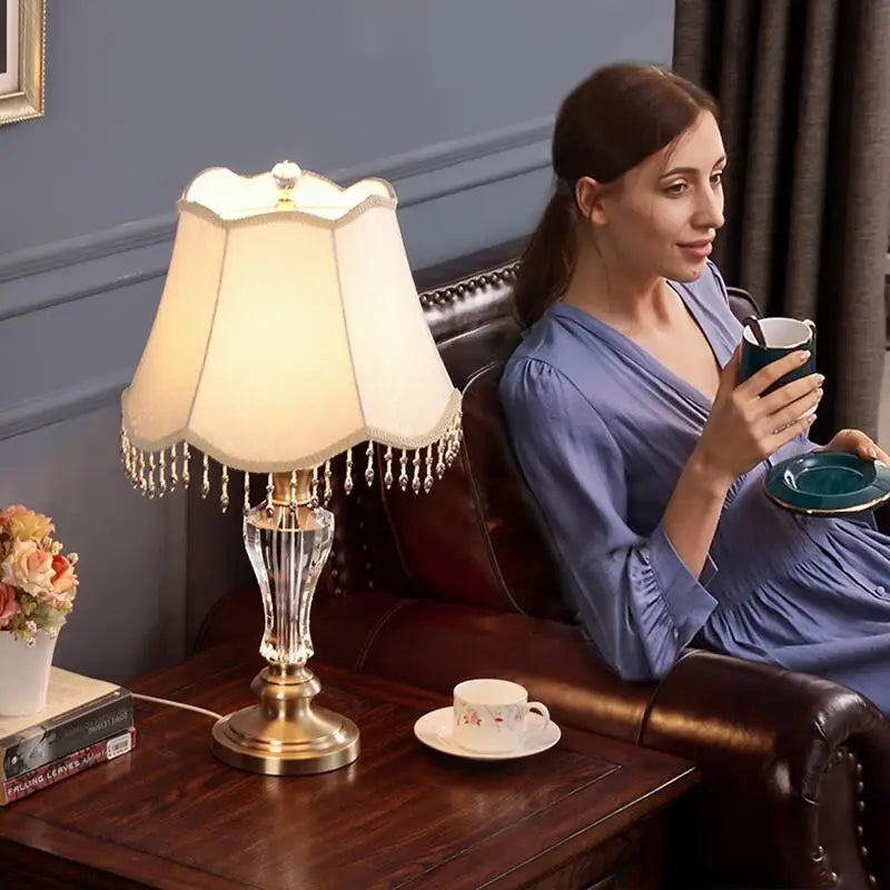 DecorBites™ Crystal Table Lamp with Fabric Lampshade - Luxury Bedroom Lighting