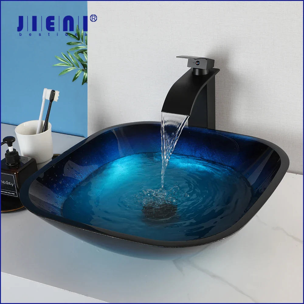 DecorBites™ Gradient Blue Glass Basin Faucet Set with Waterfall Mixer Taps
