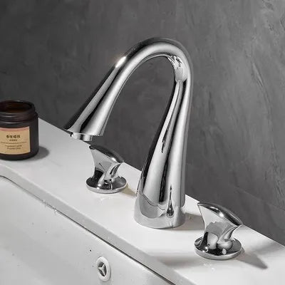 DecorBites™ Black & Gold Basin Faucet: 3 Hole Waterfall Bathroom Sink Tap, Total Brass