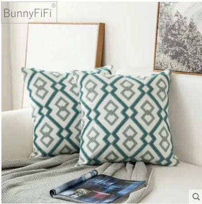 DecorBites™ Embroidered Blue Cotton Canvas Cushion Cover for Home Decor