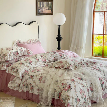 Decobites Vintage Rose Lace Ruffles Bedding Set - 100% Cotton French Style