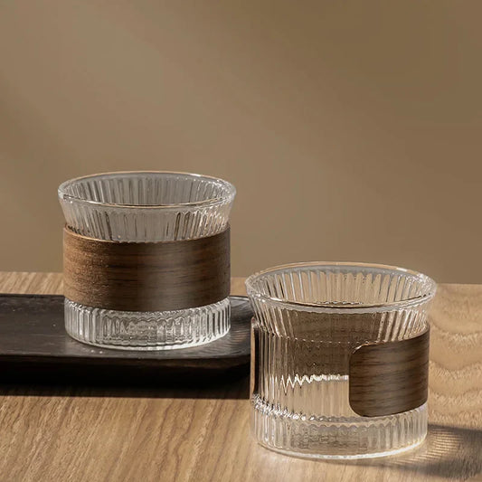 DecorBites™ Japanese Glass Tea Cup Set with Walnut Sleeve - High Quality Transparent Drinkware