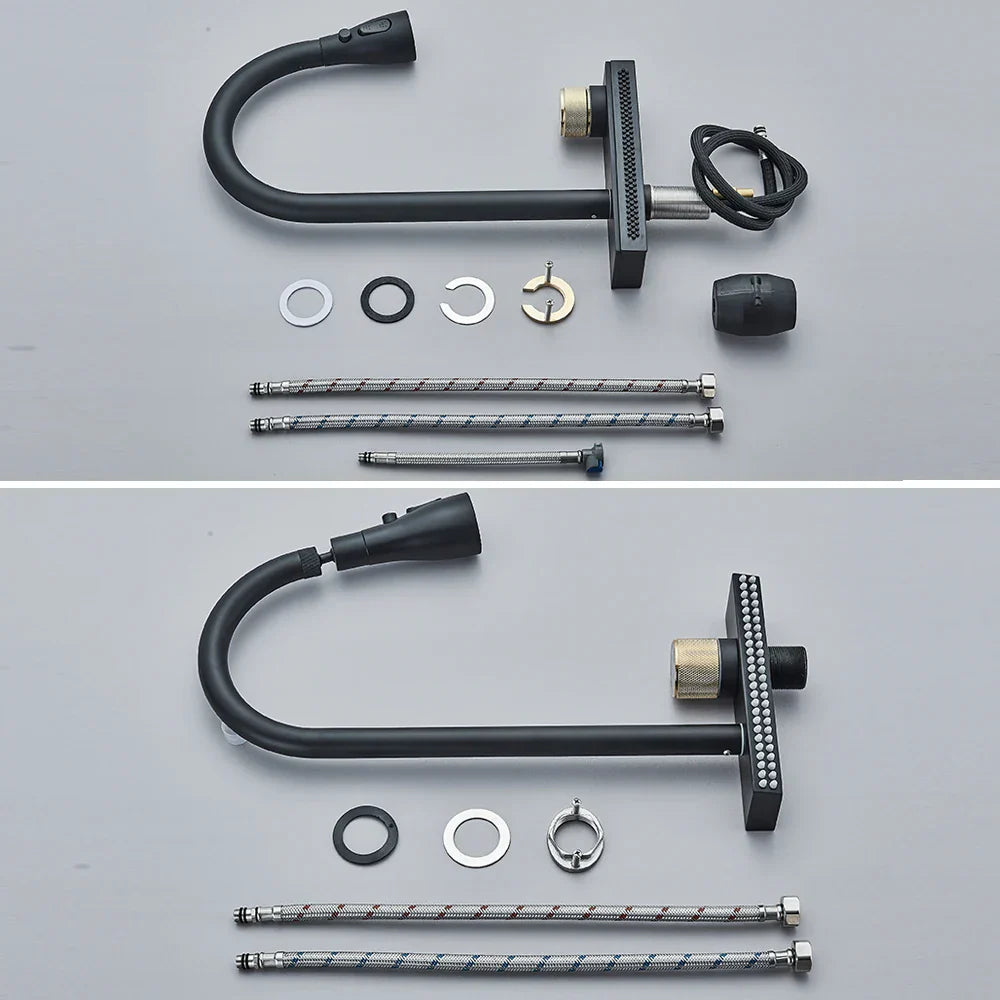 صنبور مطبخ DecorBites™ أسود اللون مقاوم للمياه المطرية، صنبور خلاط مرن بثلاثة اتجاهات قابل للسحب