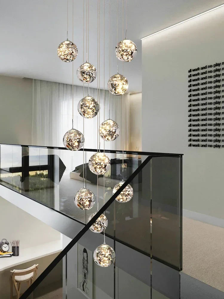 DecorBites™ Glass Chandelier: Gold LED Staircase Lighting, Minimalist Design