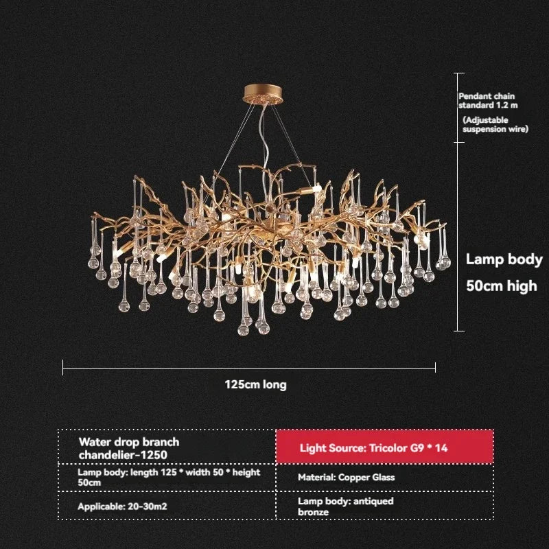 DecorBites™ French Crystal Chandelier for Dining Room: Elegant Copper Branch Ceiling Light