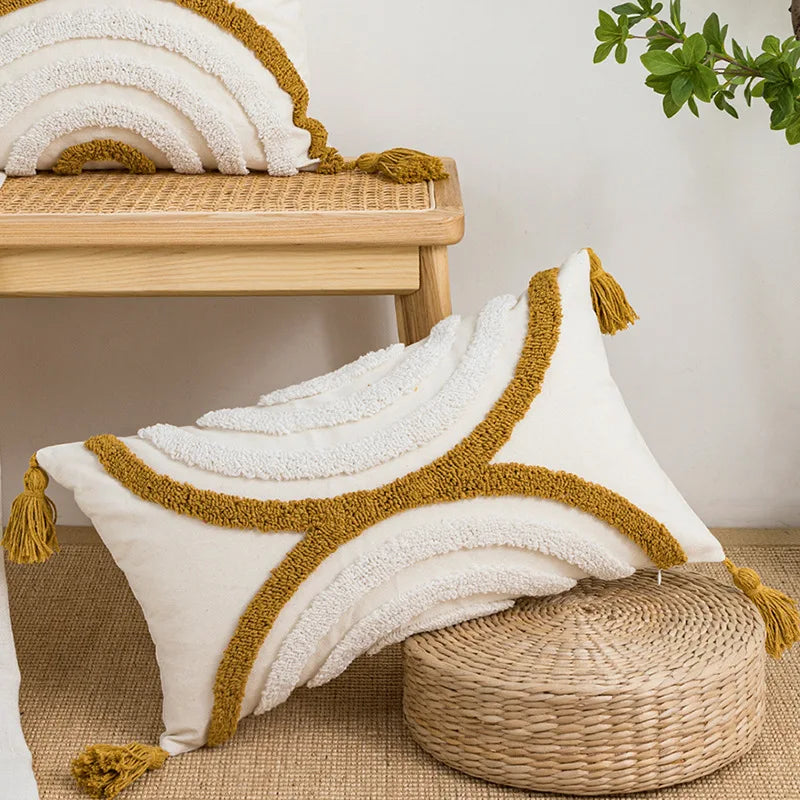 Funda de cojín DecorBites™ con bordado geométrico y borla, funda de almohada decorativa para el hogar, varios tamaños