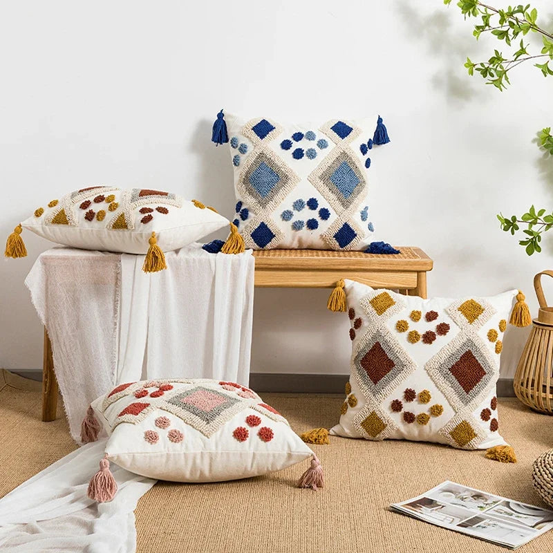 DecorBites™ Boho Loop Tufted Tassel Pillow Cover - Ethnic Embroidered Decorative Cushion