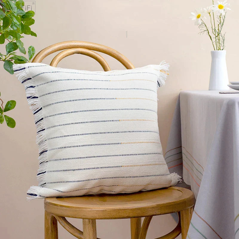 DecorBites™ Handmade Cotton Woven Cushion Tassels - Ivory Black Yellow Stripe Home Decor