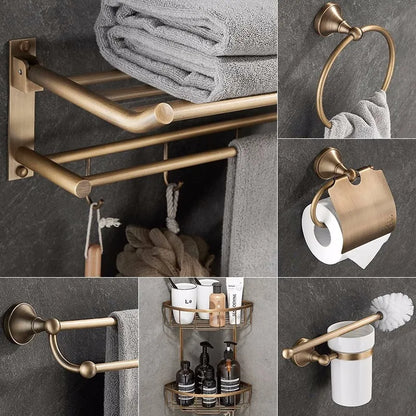 DecorBites™ Antique Brass Bathroom Accessory Set: Towel Rack, Paper Holder, Soap Dish, Towel Ring, & More