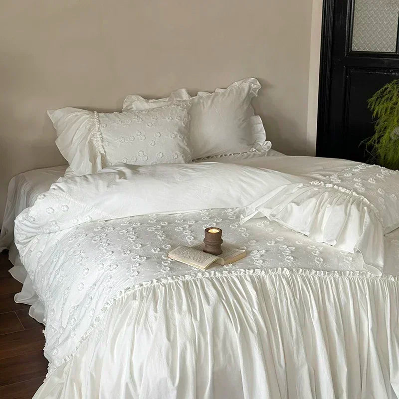 Decobites Pleat Cotton Bedding Set White King Queen Twin Double Duvet Cover