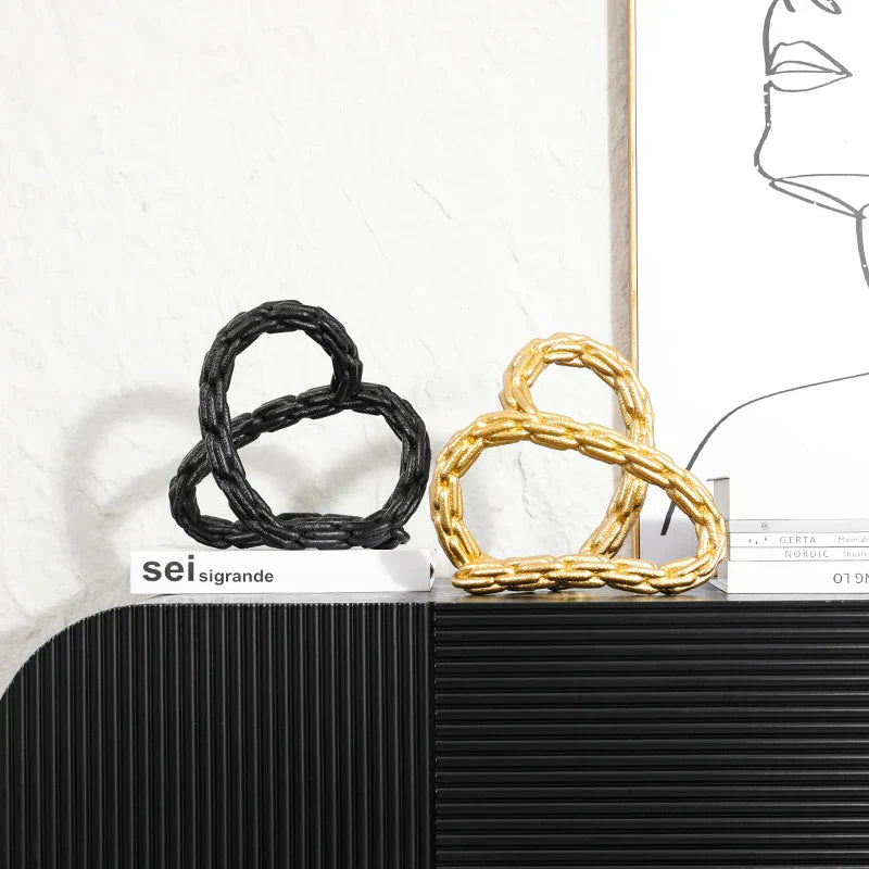 DecorBites™ Golden Knot Chain Ring Geometric Decorative Figurine - Resin Home Decor Accessory