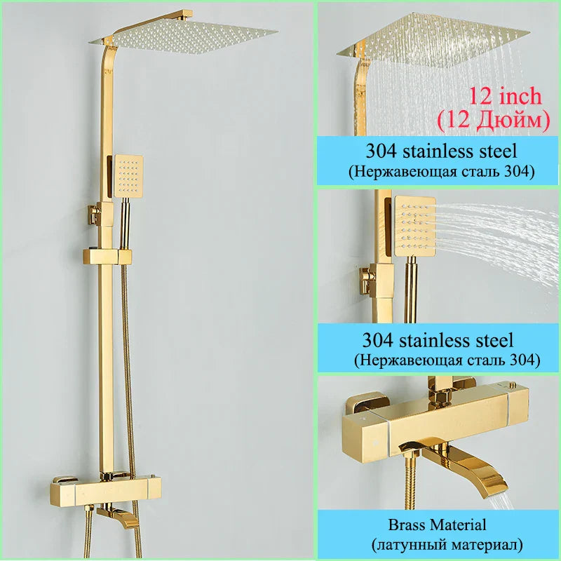 DecorBites™ Golden Thermostatic Shower Faucet Set with Rainfall Shower Column and 3-Way Mixer