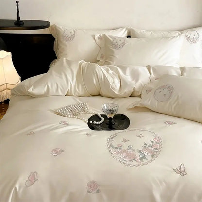 Decobites Rose Butterfly Embroidery Curved Edge Bedding Set: Duvet Cover, Sheet Set, Pillowcases