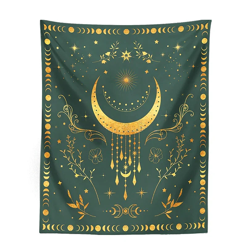 Decobites Celestial Moon Phase Tapestry with Floral Accents