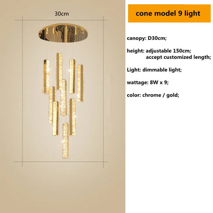 DecorBites™ Gold Chrome Steel Crystal Pendant Lights with Dimmable LED for Villa Stair