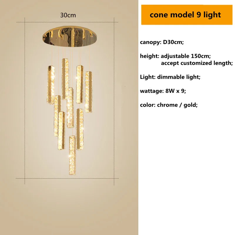 Luces de Lámpara Colgante de Cristal en Acero Cromo Dorado Decorbites™ con LED Regulable para Escalera de Villa