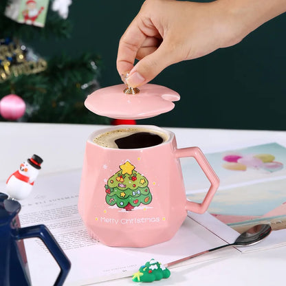 DecorBites™ Christmas Ceramic Mug Set with Lid, Spoon - Festive Santa Claus & Elk Design