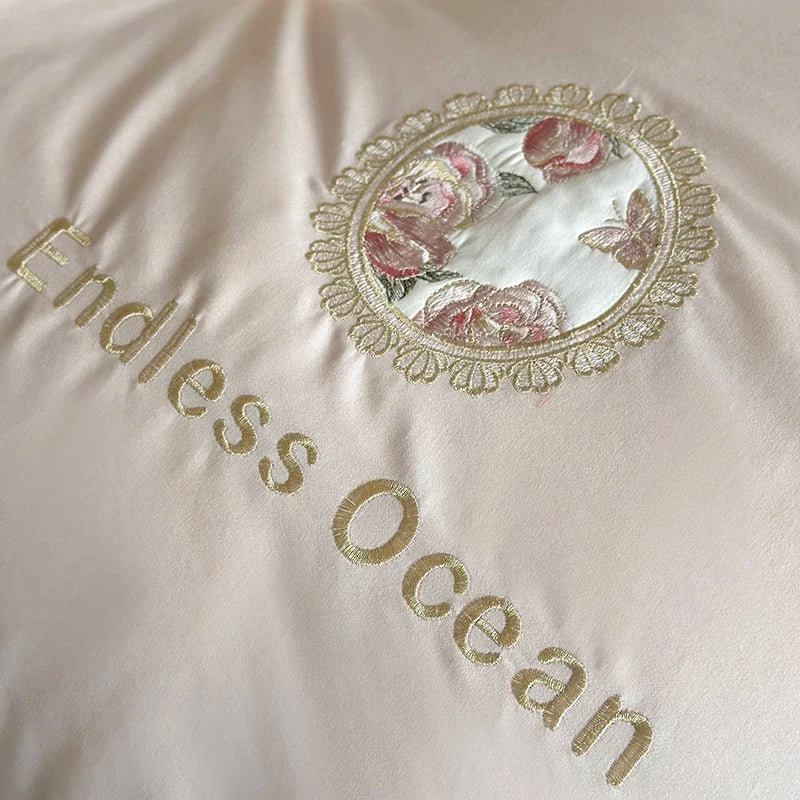 طقم أغطية سرير DecorBites™ مطرز بزهور وردية أرجوانية من 4 قطع من القطن المصري 1000 خيط