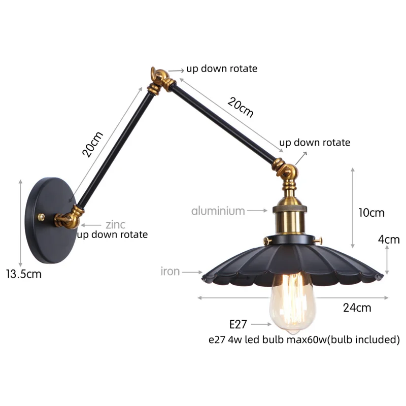 DecorBites™ Gold Industrial LED Wall Lamp with Pull Chain Switch for Home Decor