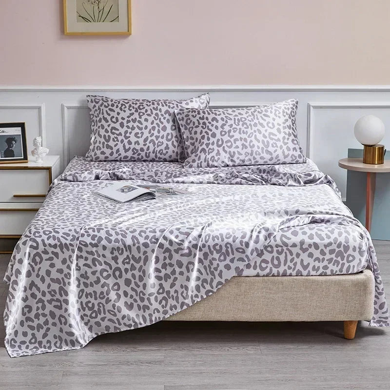 Luxury Satin Leopard Print Bed Sheet Set by Decobites - Queen/King Size