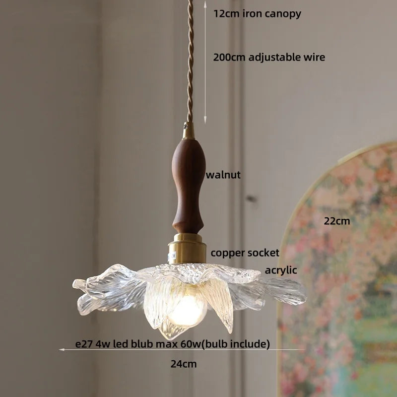 DecorBites™ Acrylic LED Pendant Light: Copper Walnut Wood Flower Hang Lamp