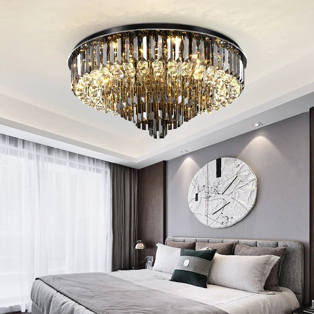 DecorBites™ Crystal LED Chandelier: Modern Smoky Gray Clear Cristal Lighting for Big Living Room