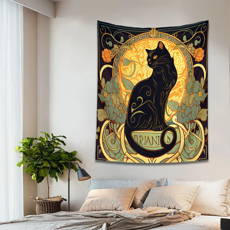 Decobites Black Cat Tapestry Wall Hanging Art Nouveau Floral Boho Decor