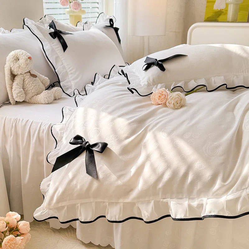 DecorBites™ Lace Bow Bed Skirt Bedding Set in Romantic Solid Color for King Queen Double Sizes