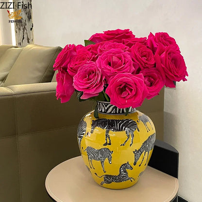 DecorBites™ Zebra Yellow Vase with Artificial Flowers for Desk Decoration