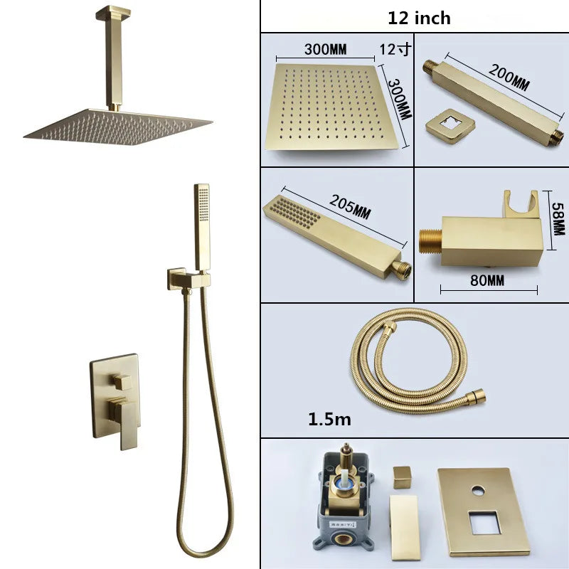 DecorBites™ Brushed Gold In-Wall Shower Set with Rainfall Shower Head 8-12"