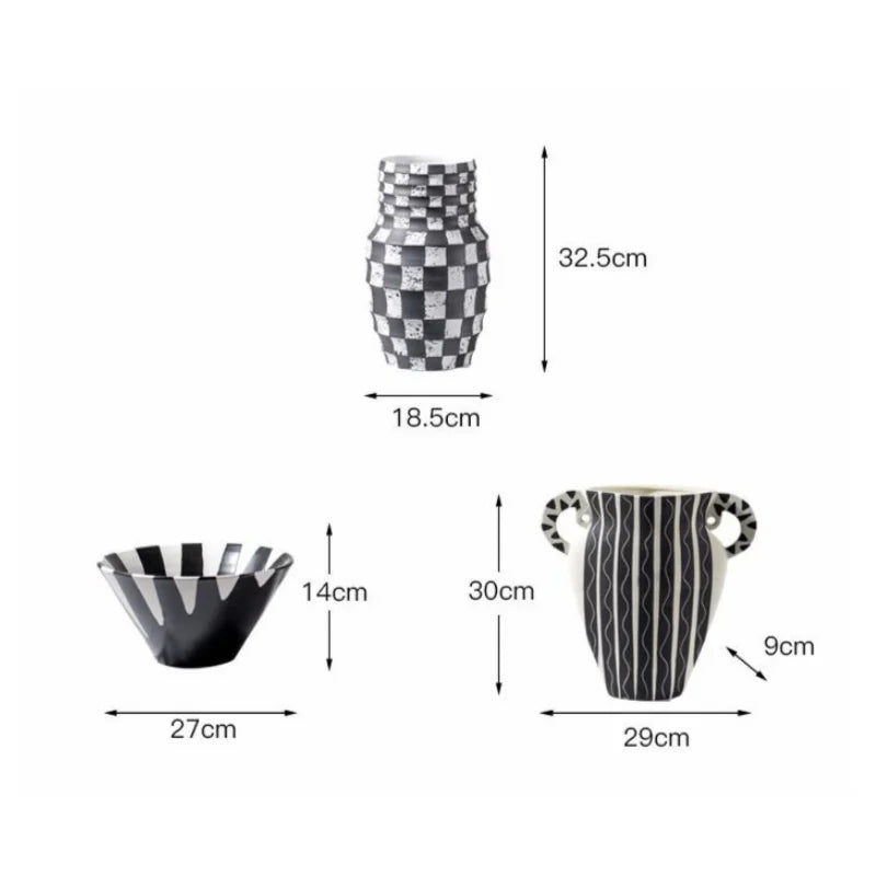 DecorBites™ Black Check Geometric Striped Ceramic Vase - Handcrafted Floral Arrangement Pot