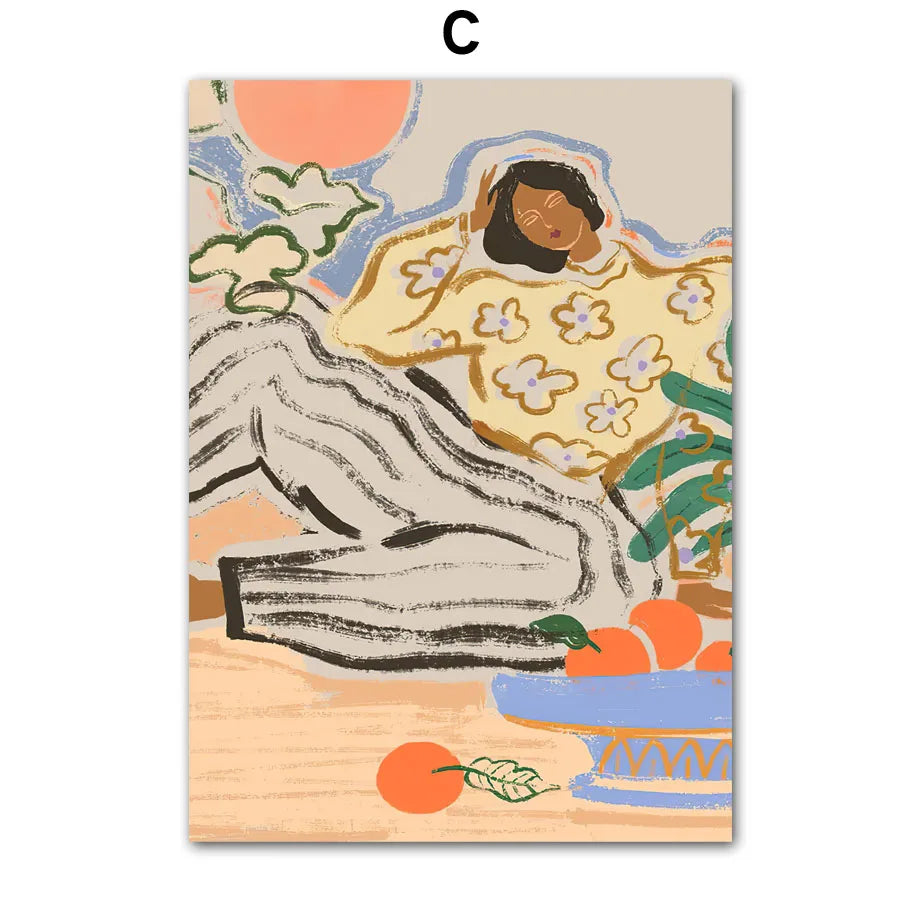 Pintura abstracta de lienzo con diseño de niña, mano, fruta, flor, hoja, jarrón, arte de pared