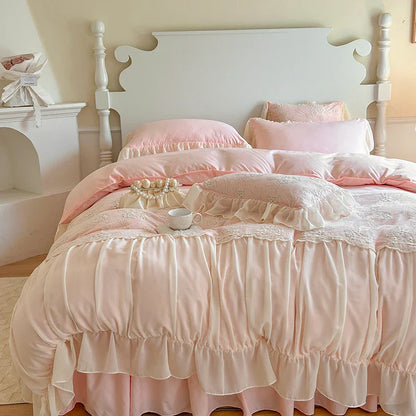 Decobites Pink Chiffon Lace Ruffles French Princess Bedding Set - 6-Piece Queen Size