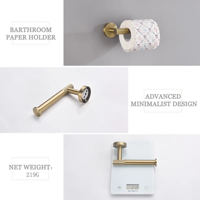 DecorBites™ Brushed Gold Brass Bathroom Accessories Set: Hand Towel Bar, Toilet Paper Holder, Robe Hook
