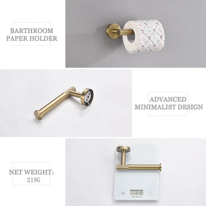 DecorBites™ Brushed Gold Brass Bathroom Accessories Set: Hand Towel Bar, Toilet Paper Holder, Robe Hook
