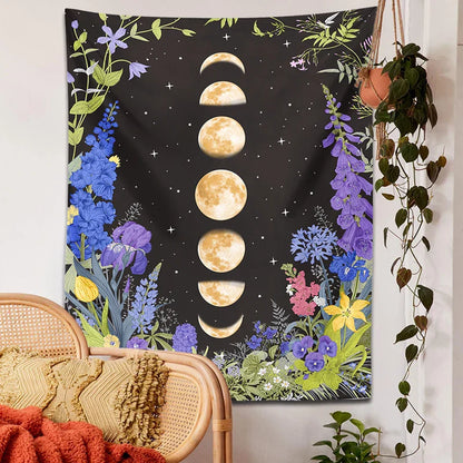 Decobites Moon Phase Purple Plant Star Floral Wall Tapestry