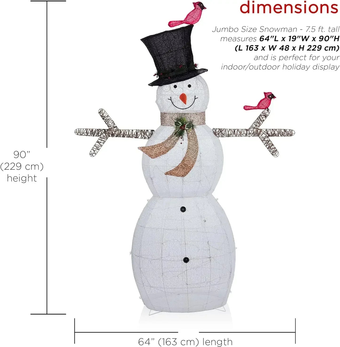 Alpine Company Large White Mesh Snowman Decoration, Bird Accents and LED Lights