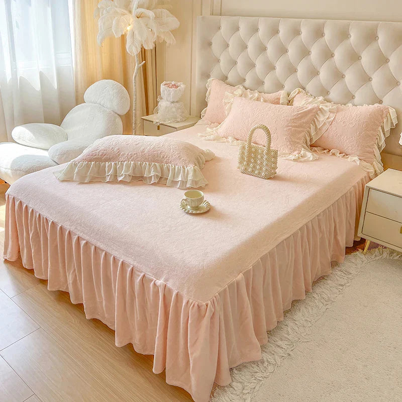 Decobites Pink Velvet Princess Bedding Set with Lace Ruffles and Bow Accents