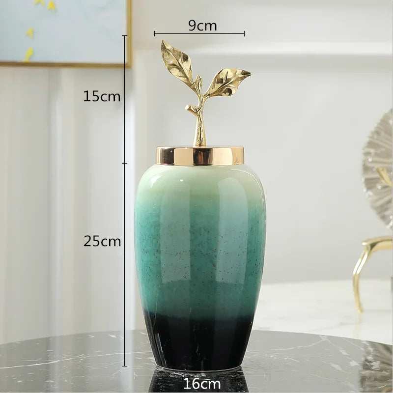 Jarrón Cerámico de Gradiente Decorbites™ con Tapa de Hojas Doradas para Decoración Moderna del Hogar y Bodas