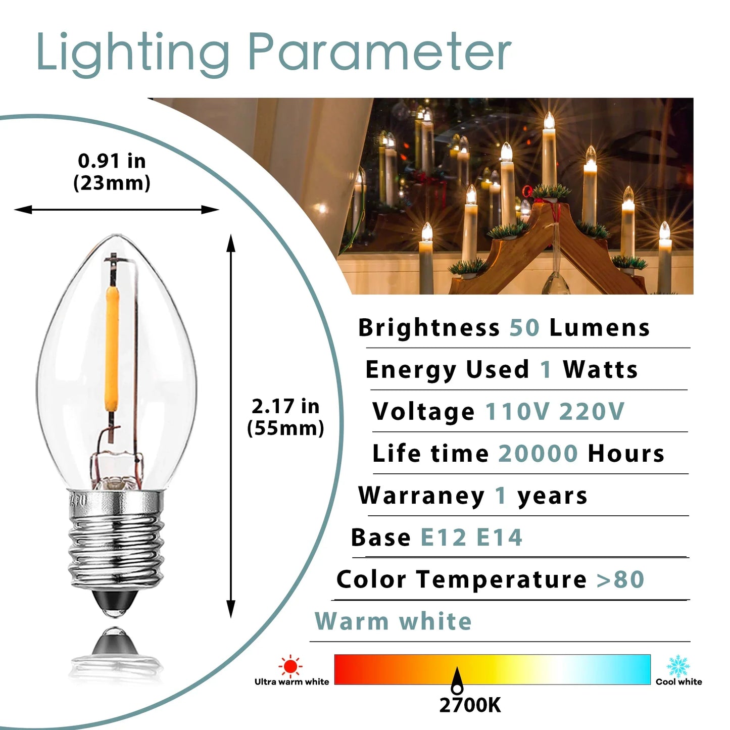 DecorBites™ Dimmable LED Night Light Bulbs: E12 E14 Base, 0.5W, Warm White 2700K