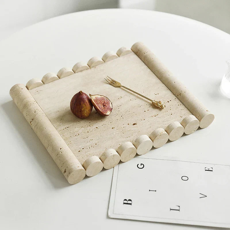 DecorBites™ Beige Travertine Marble Serving Tray Vintage Natural Stone Plate